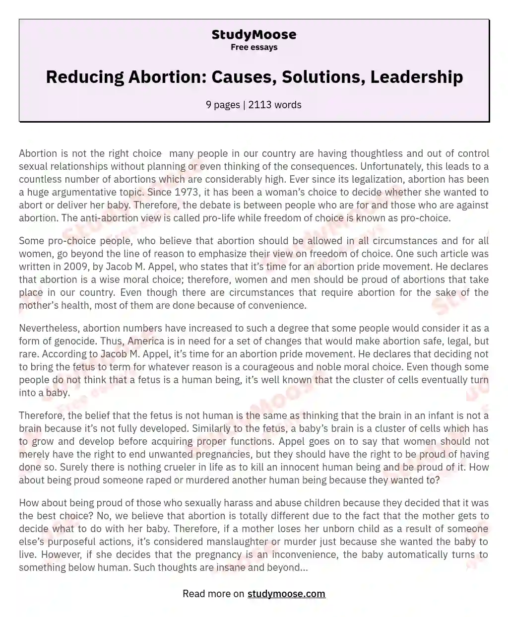 Reducing Abortion: Causes, Solutions, Leadership essay