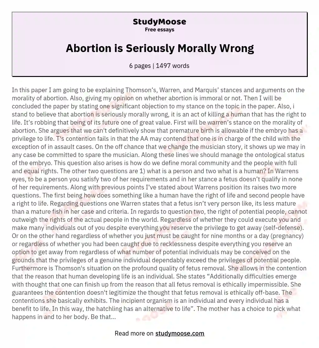 Abortion is Seriously Morally Wrong essay