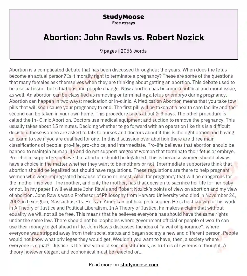 Abortion: John Rawls vs. Robert Nozick essay