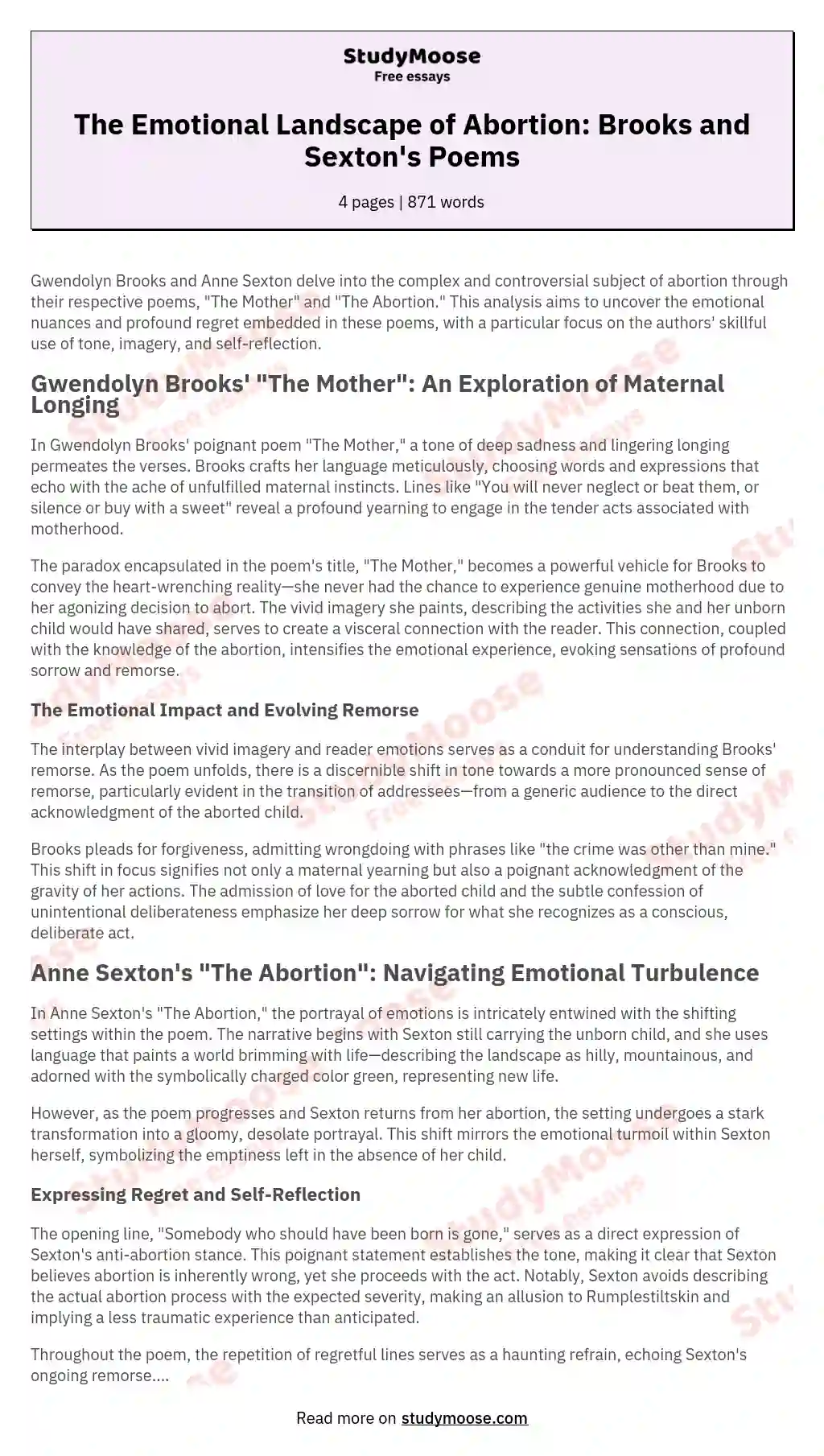 Poems on Abortion by Brooks and Sexton: Exploring Taboo Topics