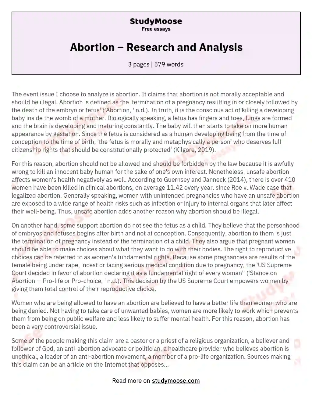 Abortion – Research and Analysis essay