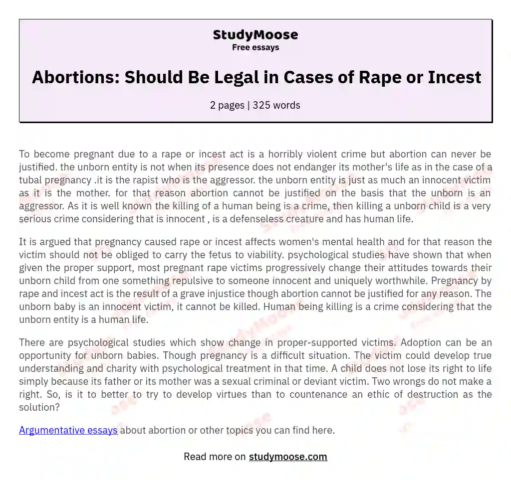 Abortions: Should Be Legal in Cases of Rape or Incest essay