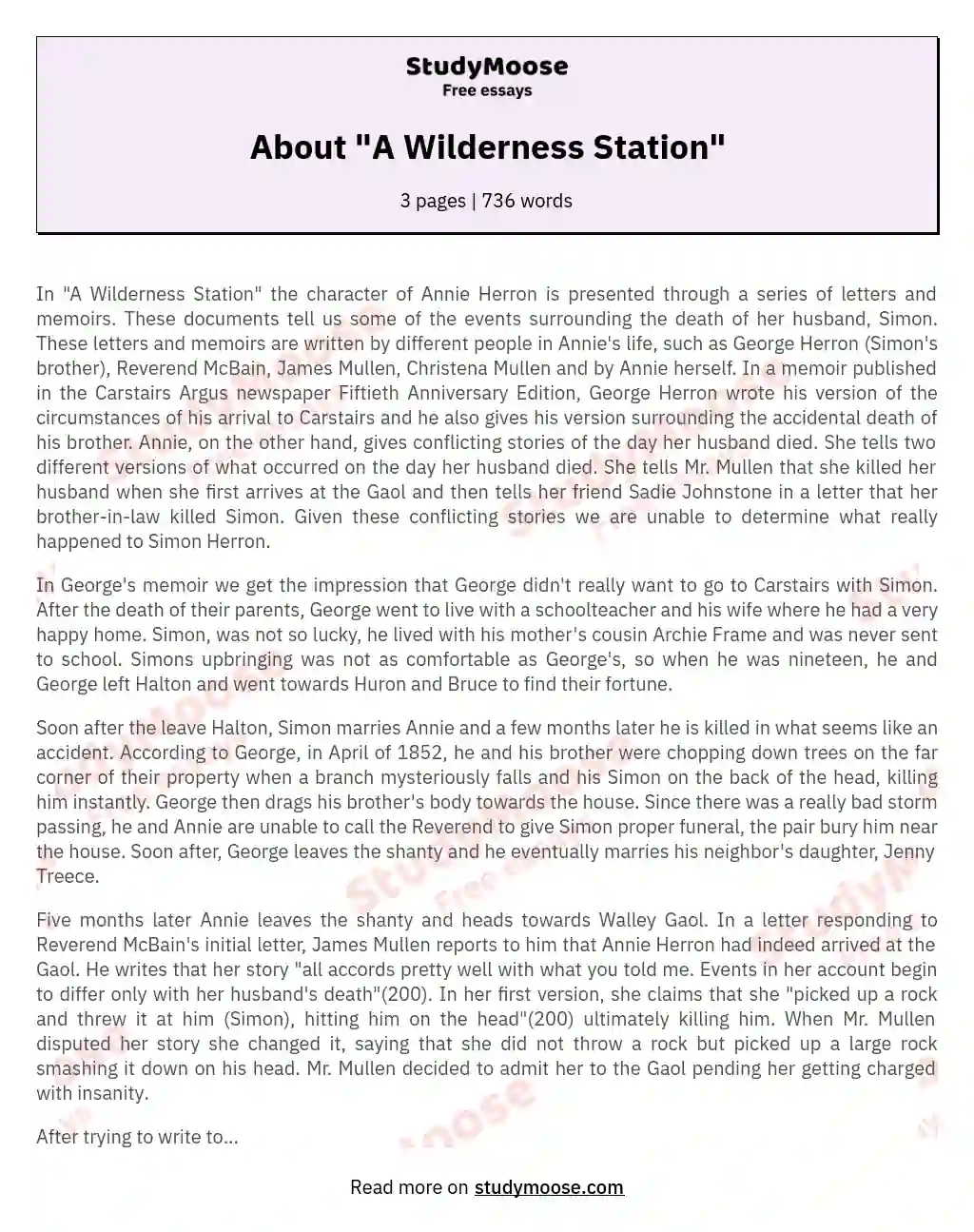 About "A Wilderness Station" essay