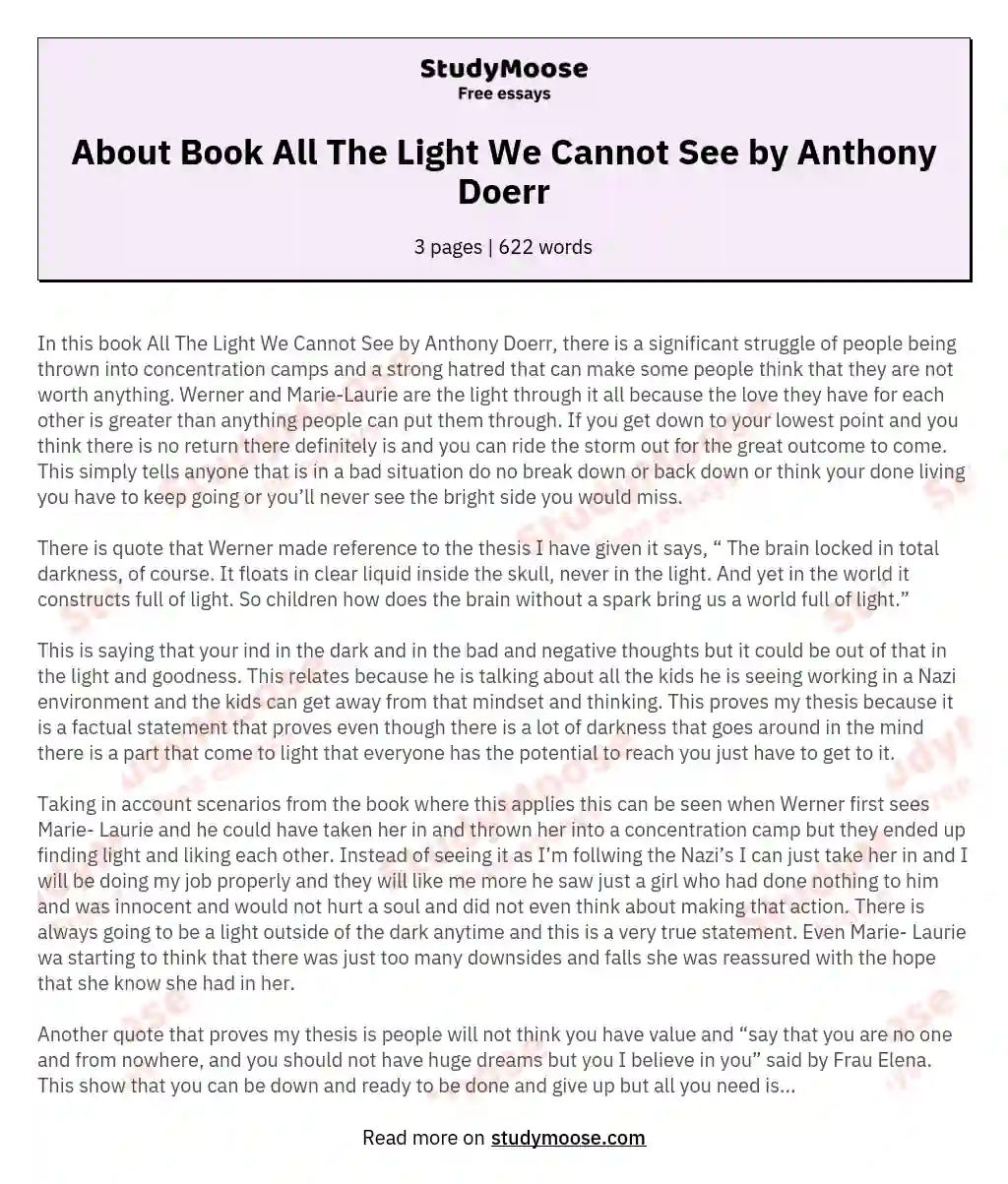 About Book All The Light We Cannot See by Anthony Doerr essay