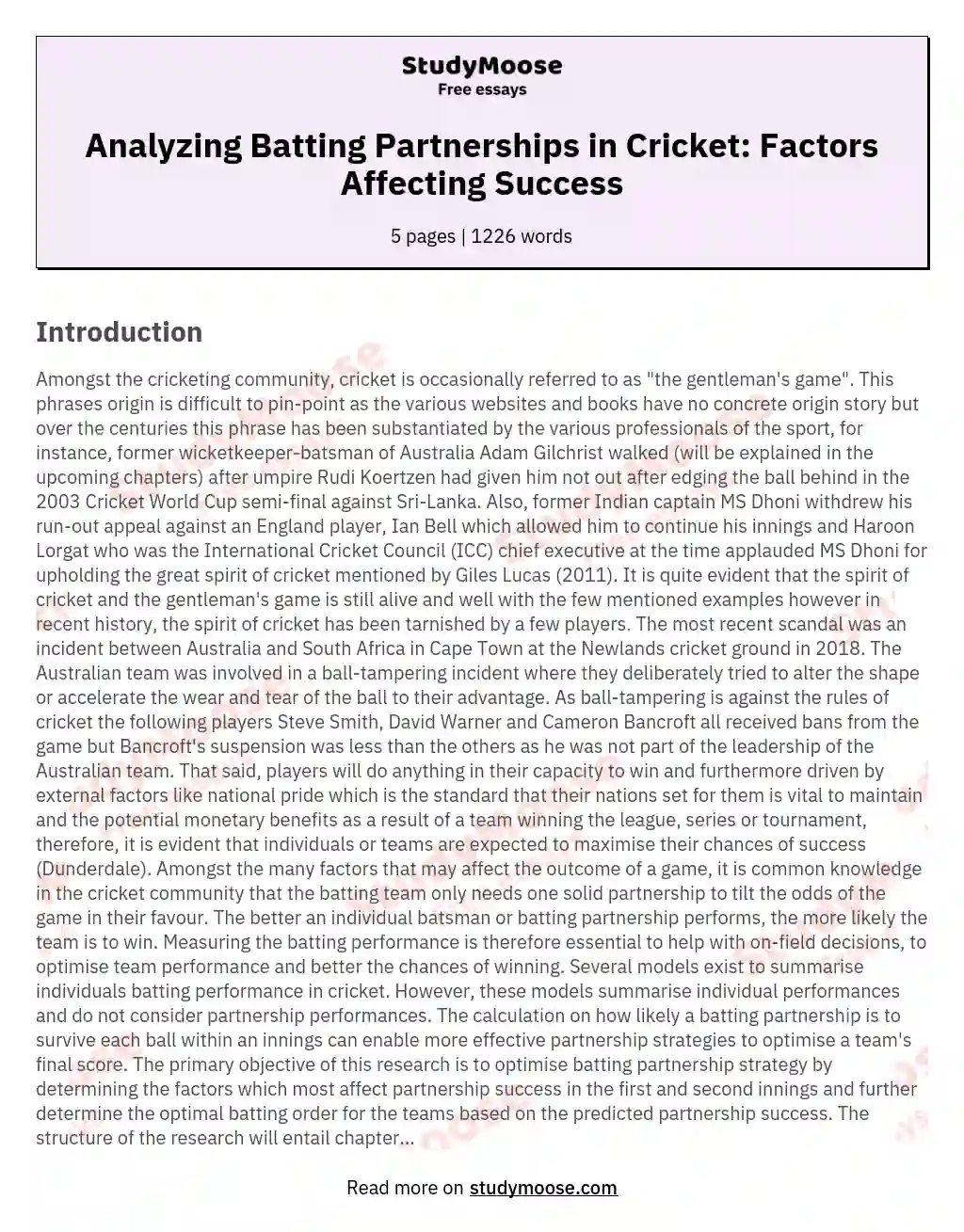 Analyzing Batting Partnerships in Cricket: Factors Affecting Success essay