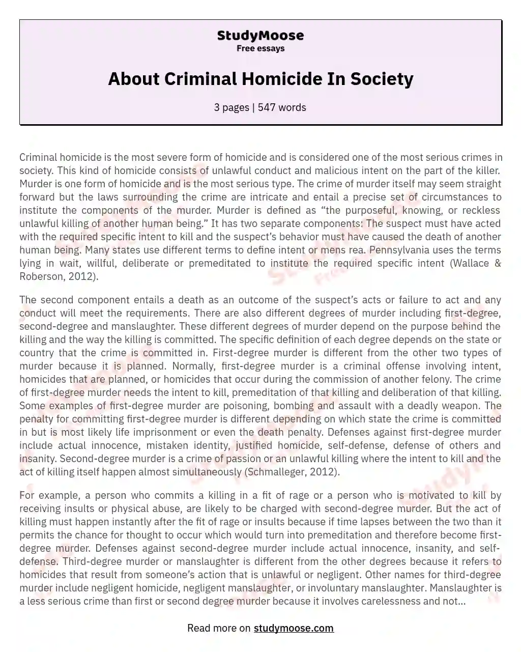 About Criminal Homicide In Society essay