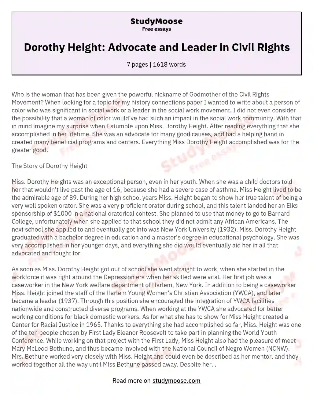 Dorothy Height: Advocate and Leader in Civil Rights essay