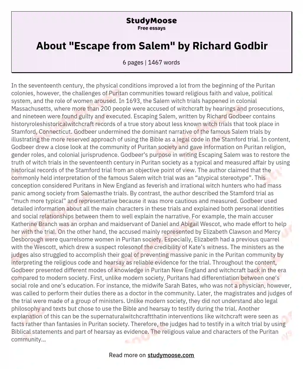 About "Escape from Salem" by Richard Godbir essay