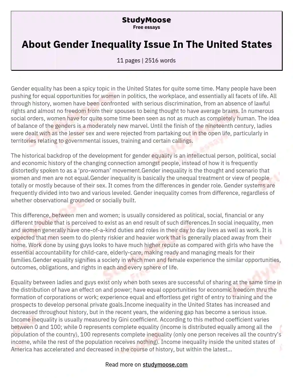 About Gender Inequality Issue In The United States essay
