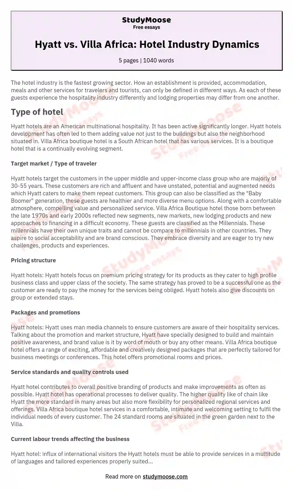Hyatt vs. Villa Africa: Hotel Industry Dynamics essay