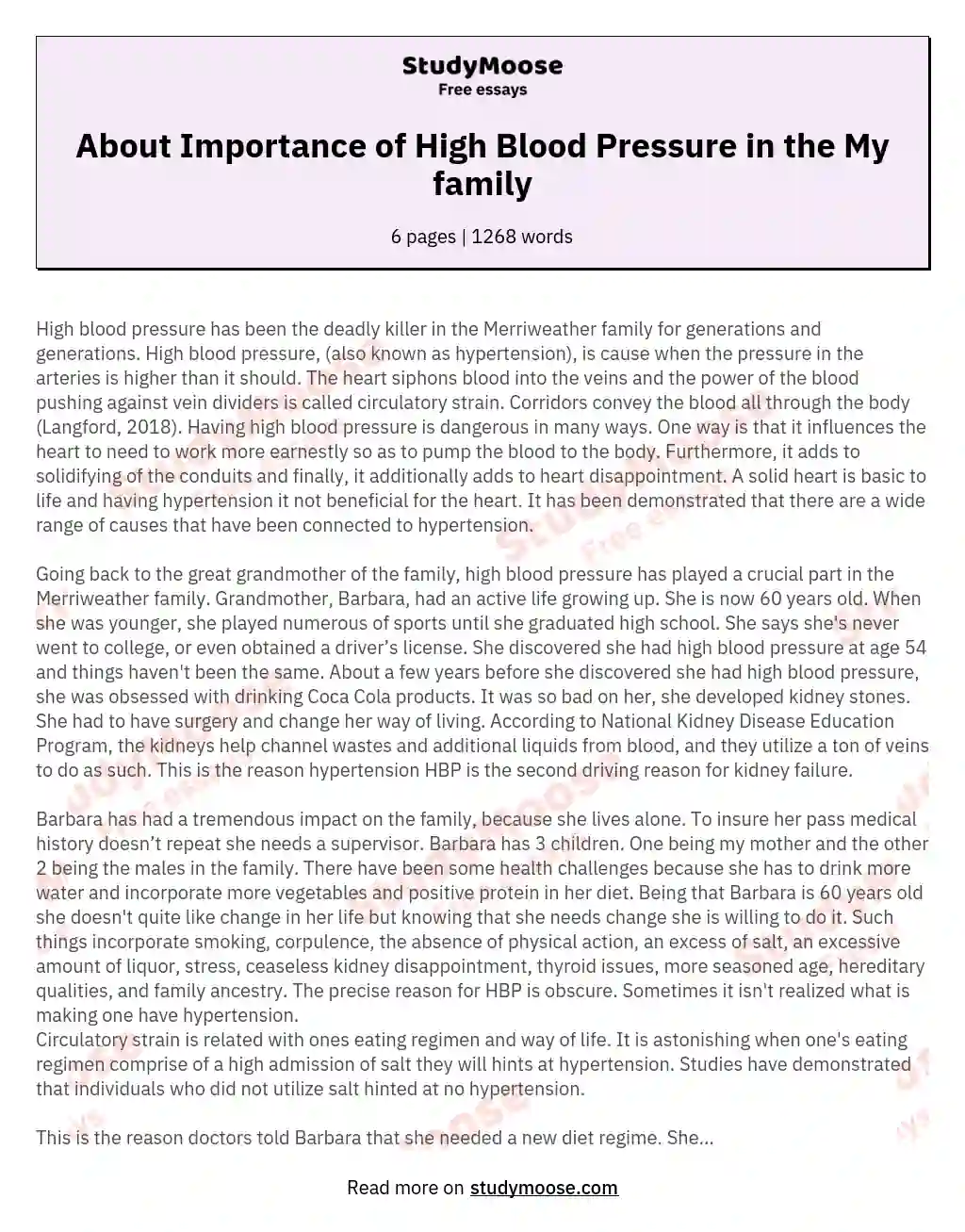 About Importance of High Blood Pressure in the My family essay