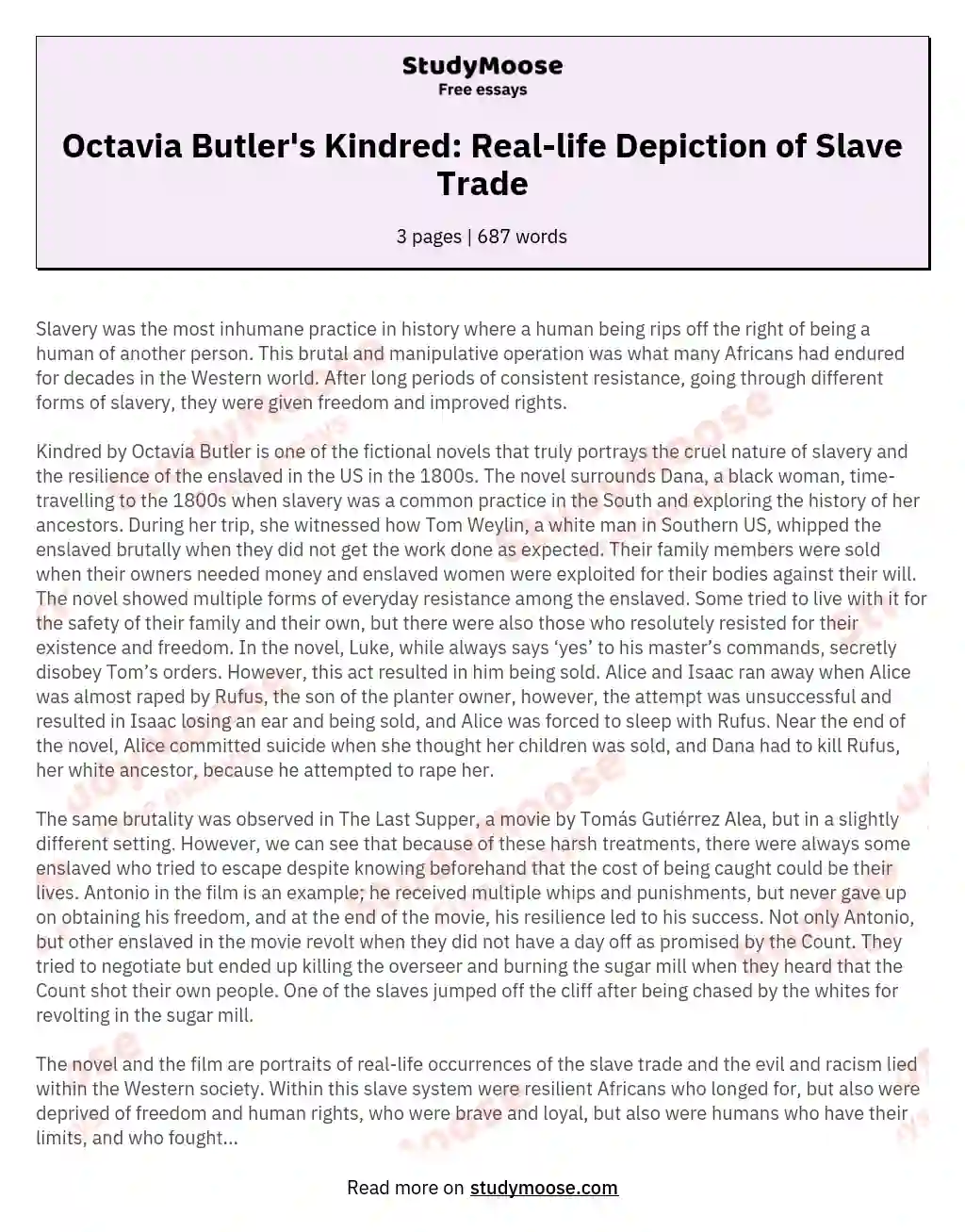 Octavia Butler's Kindred: Real-life Depiction of Slave Trade essay