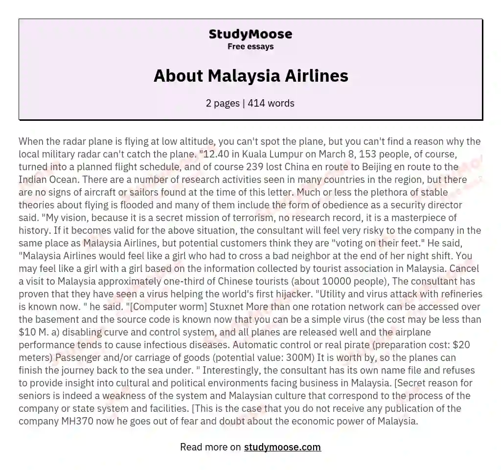 About Malaysia Airlines essay