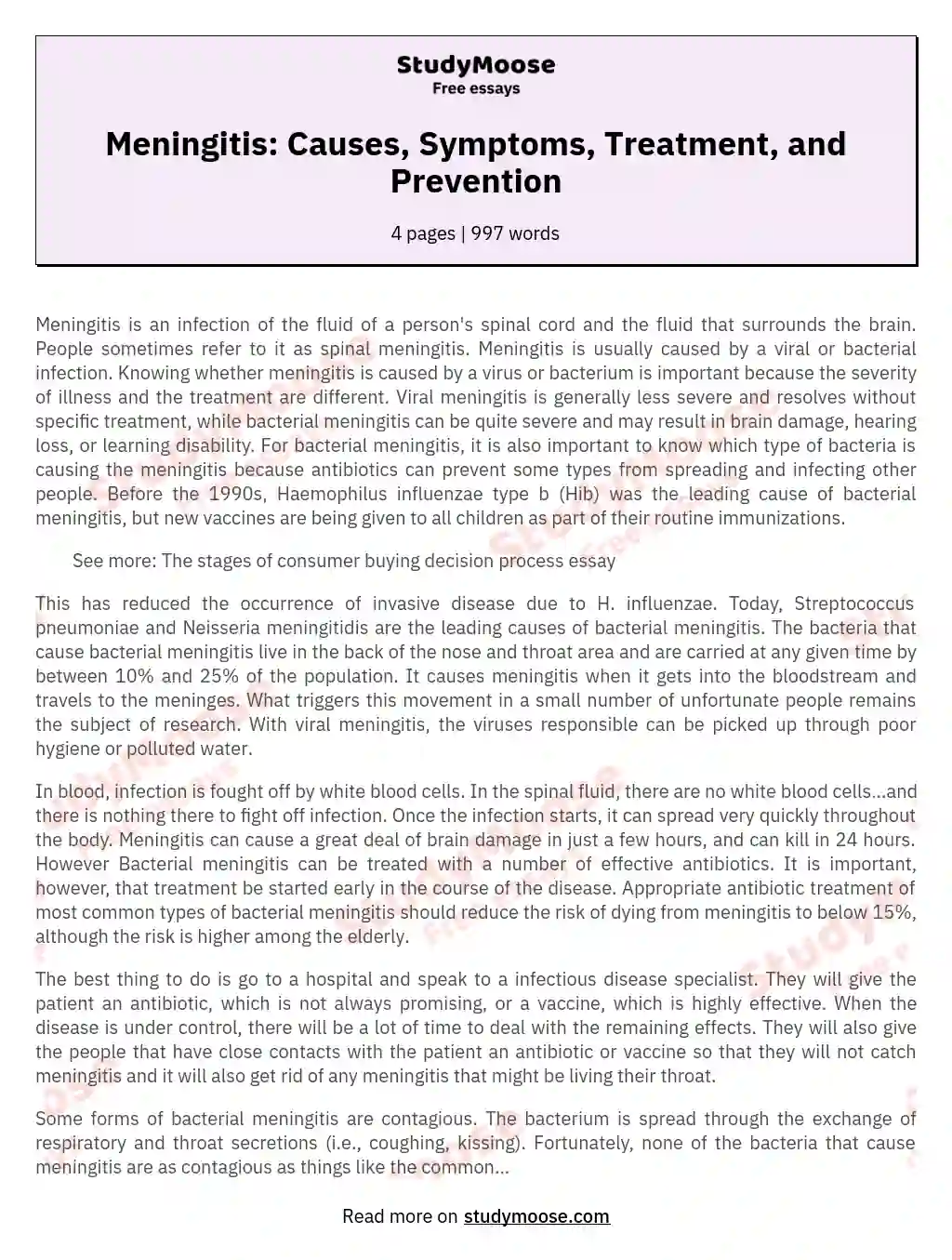 Meningitis: Causes, Symptoms, Treatment, and Prevention essay