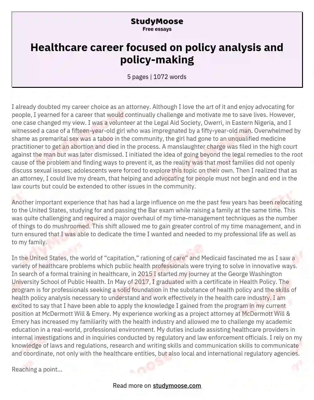 Healthcare career focused on policy analysis and policy-making essay