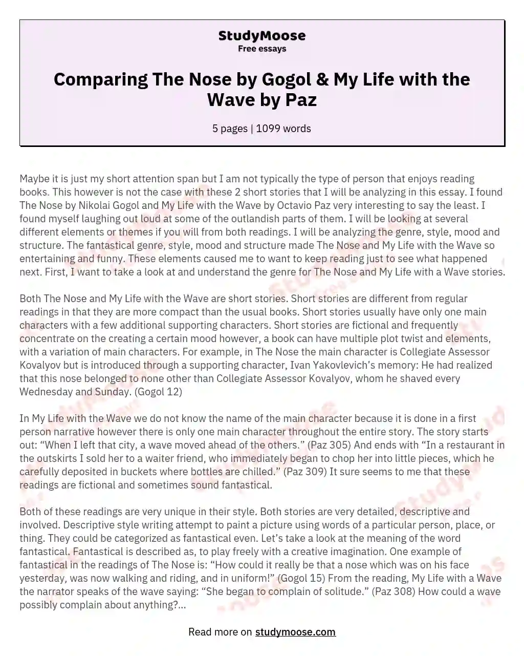 Comparing The Nose by Gogol & My Life with the Wave by Paz essay
