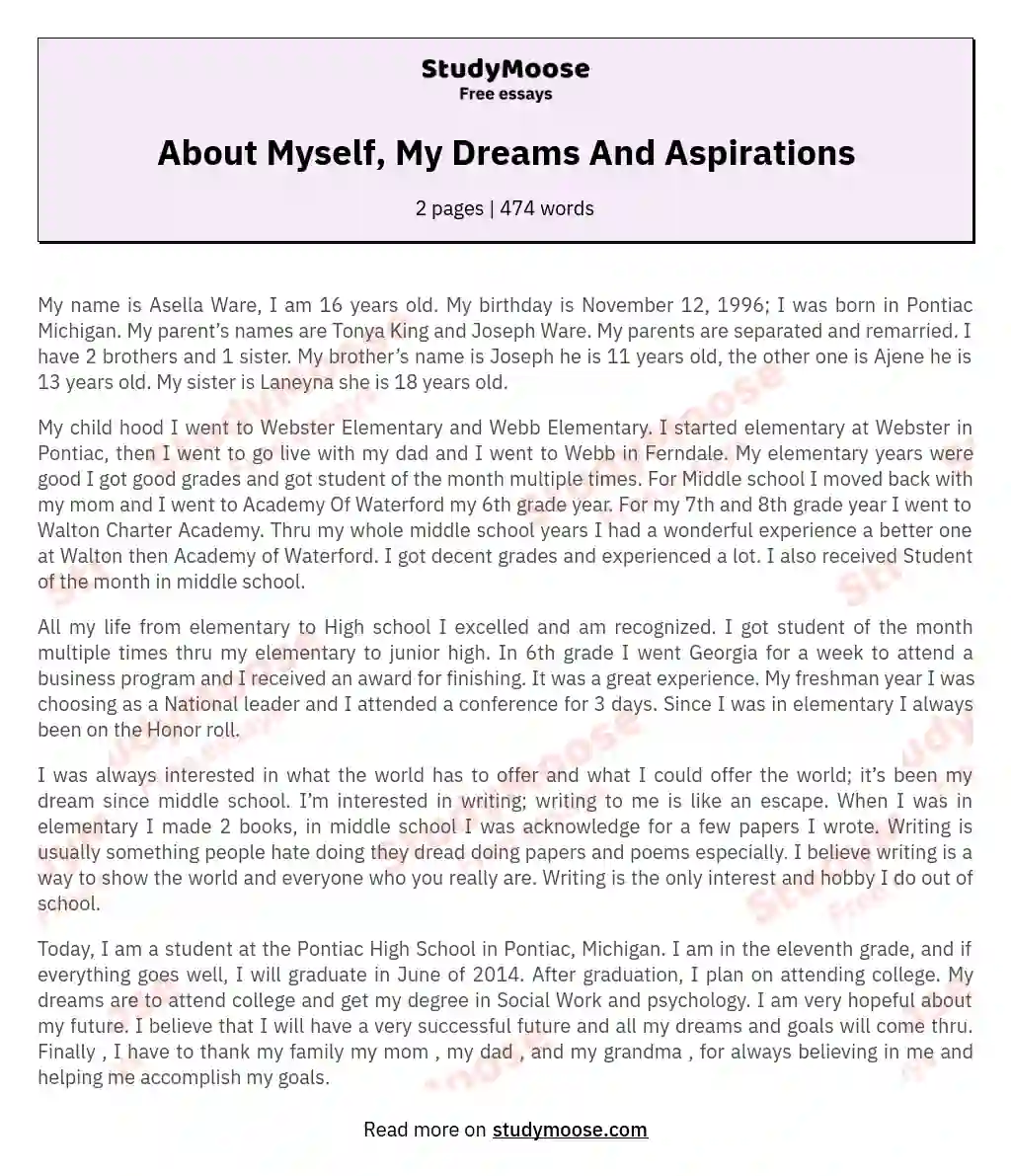 About Myself, My Dreams And Aspirations