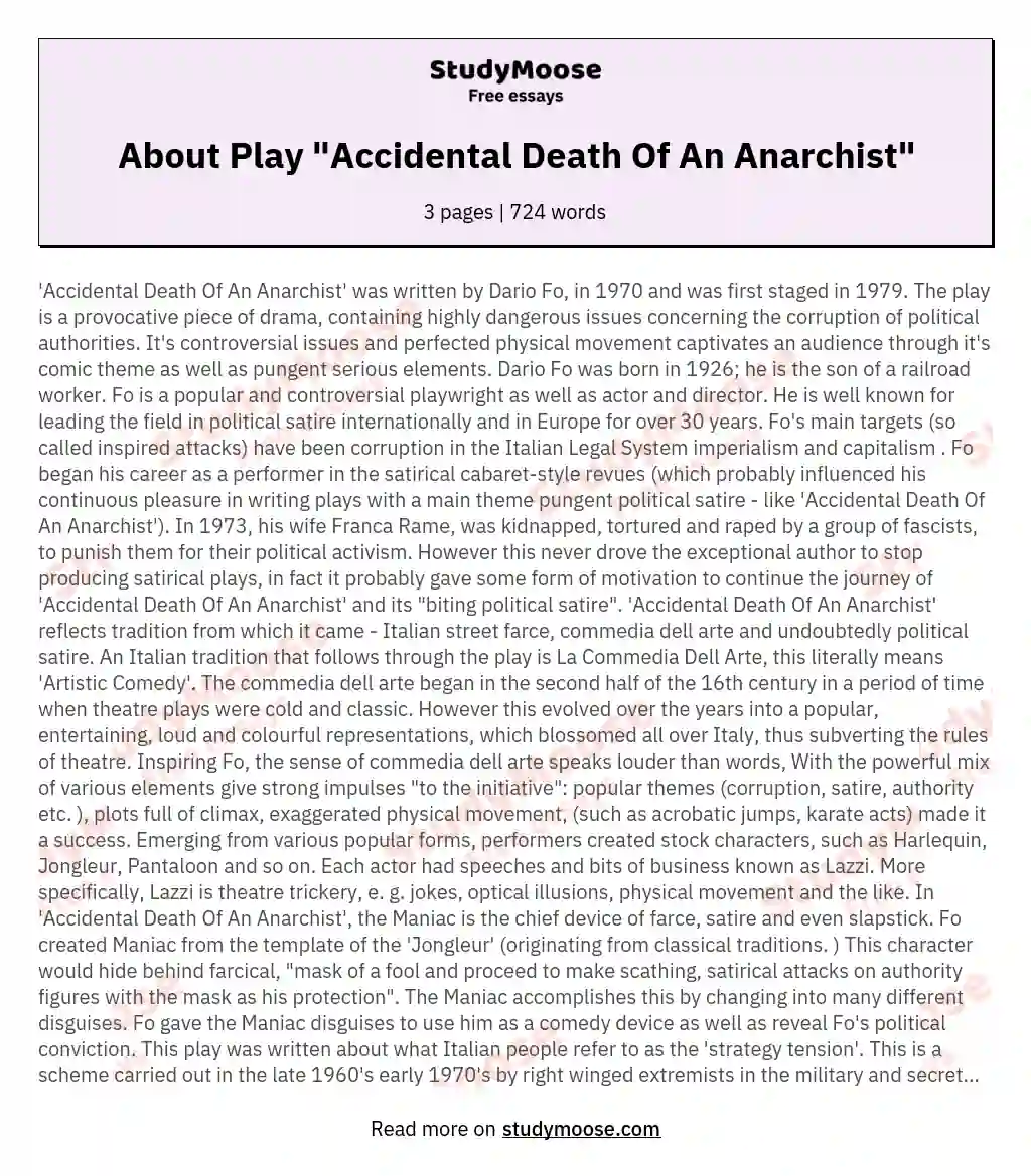 About Play "Accidental Death Of An Anarchist" essay