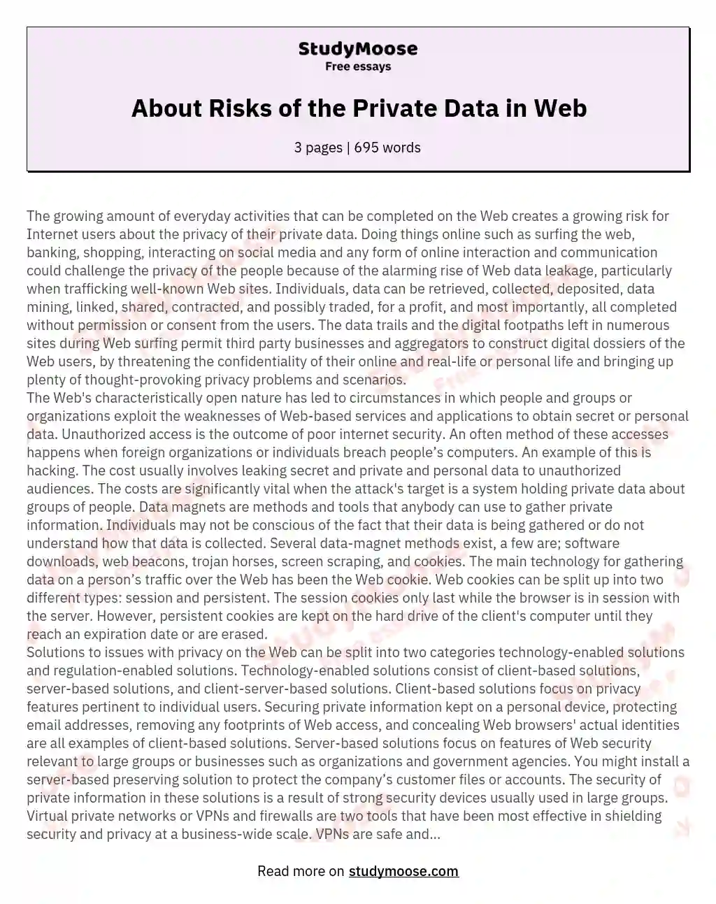 About Risks of the Private Data in Web essay
