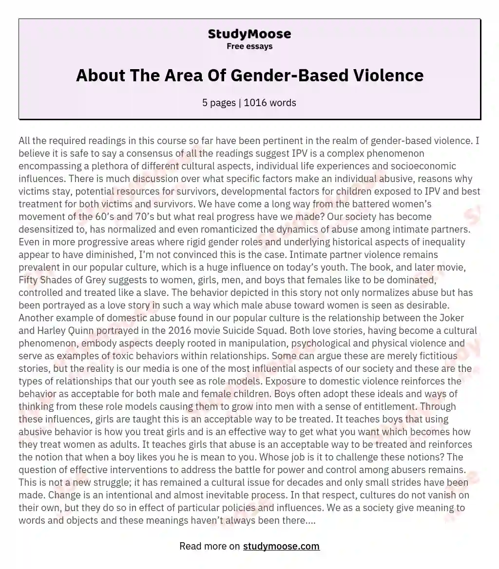 About The Area Of Gender-Based Violence essay