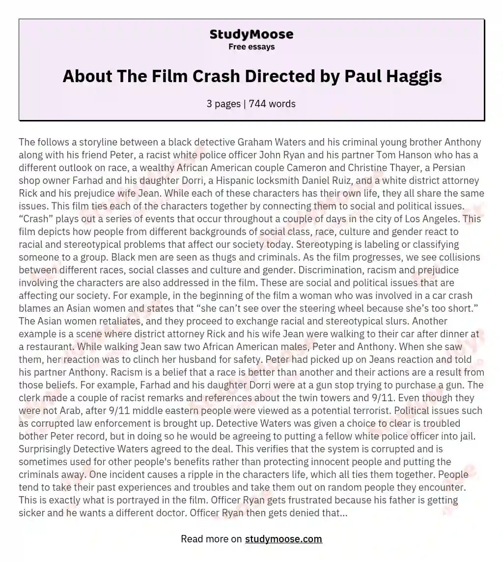 About The Film Crash Directed by Paul Haggis essay