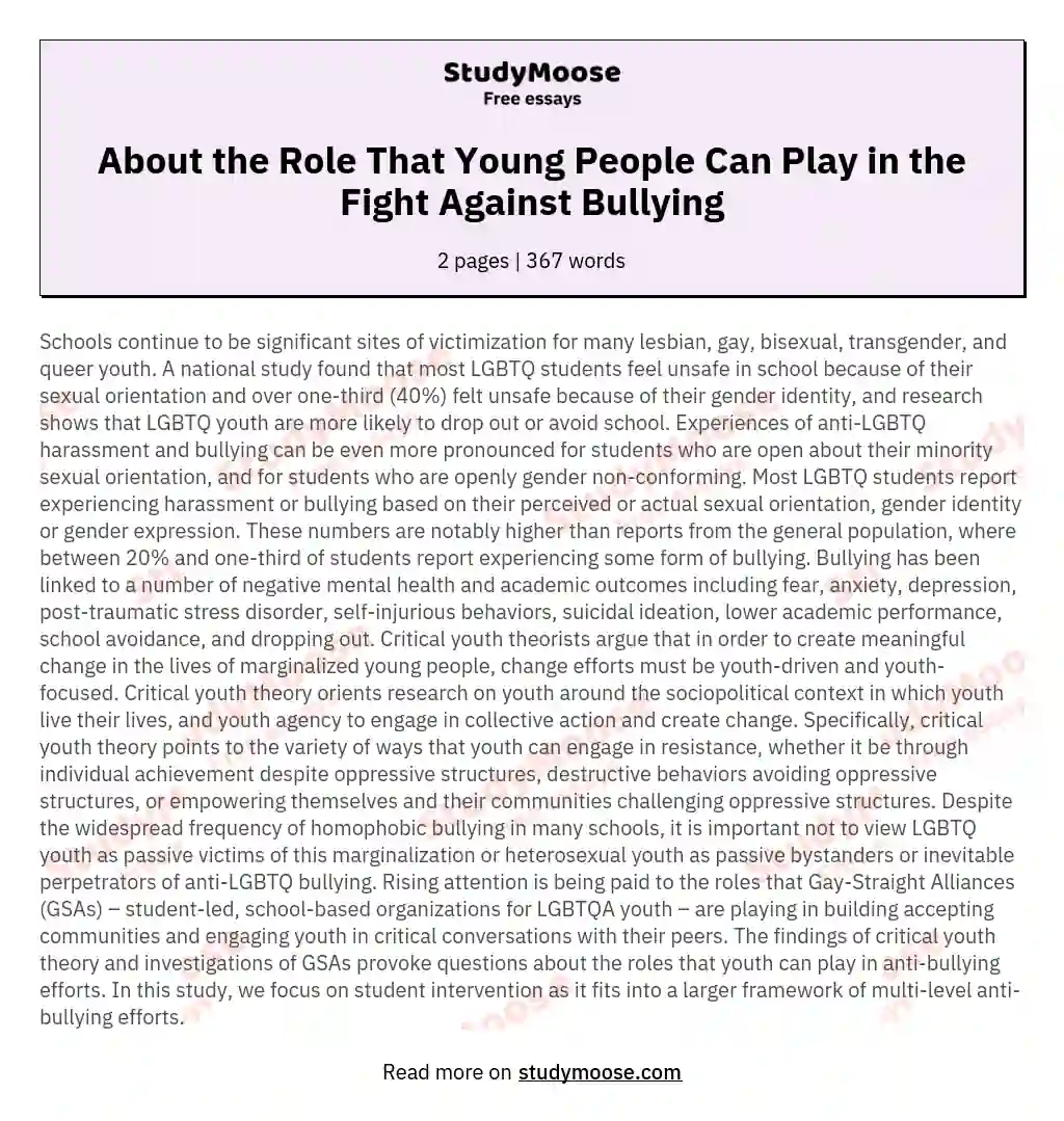 About the Role That Young People Can Play in the Fight Against Bullying essay