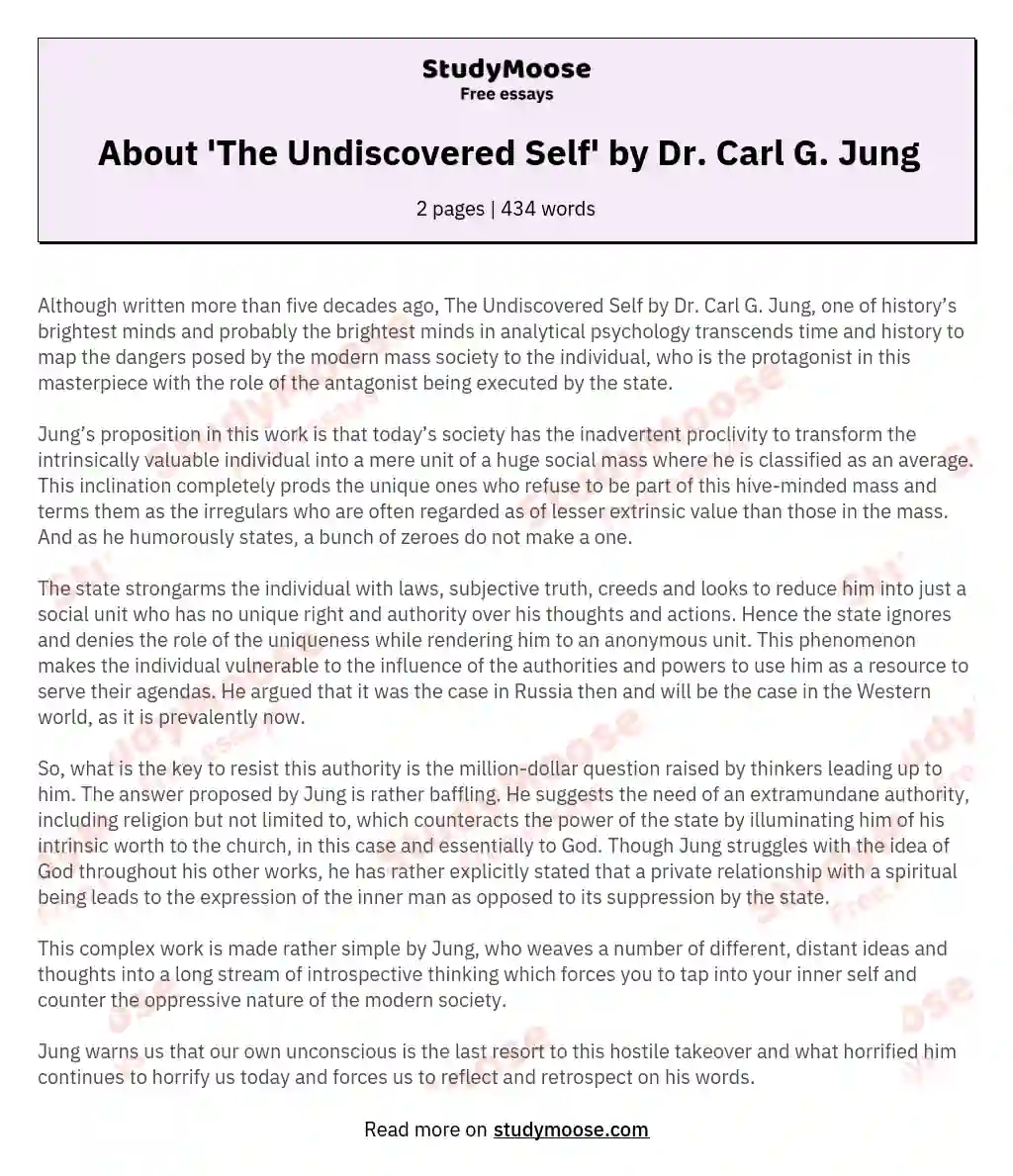 About 'The Undiscovered Self' by Dr. Carl G. Jung essay