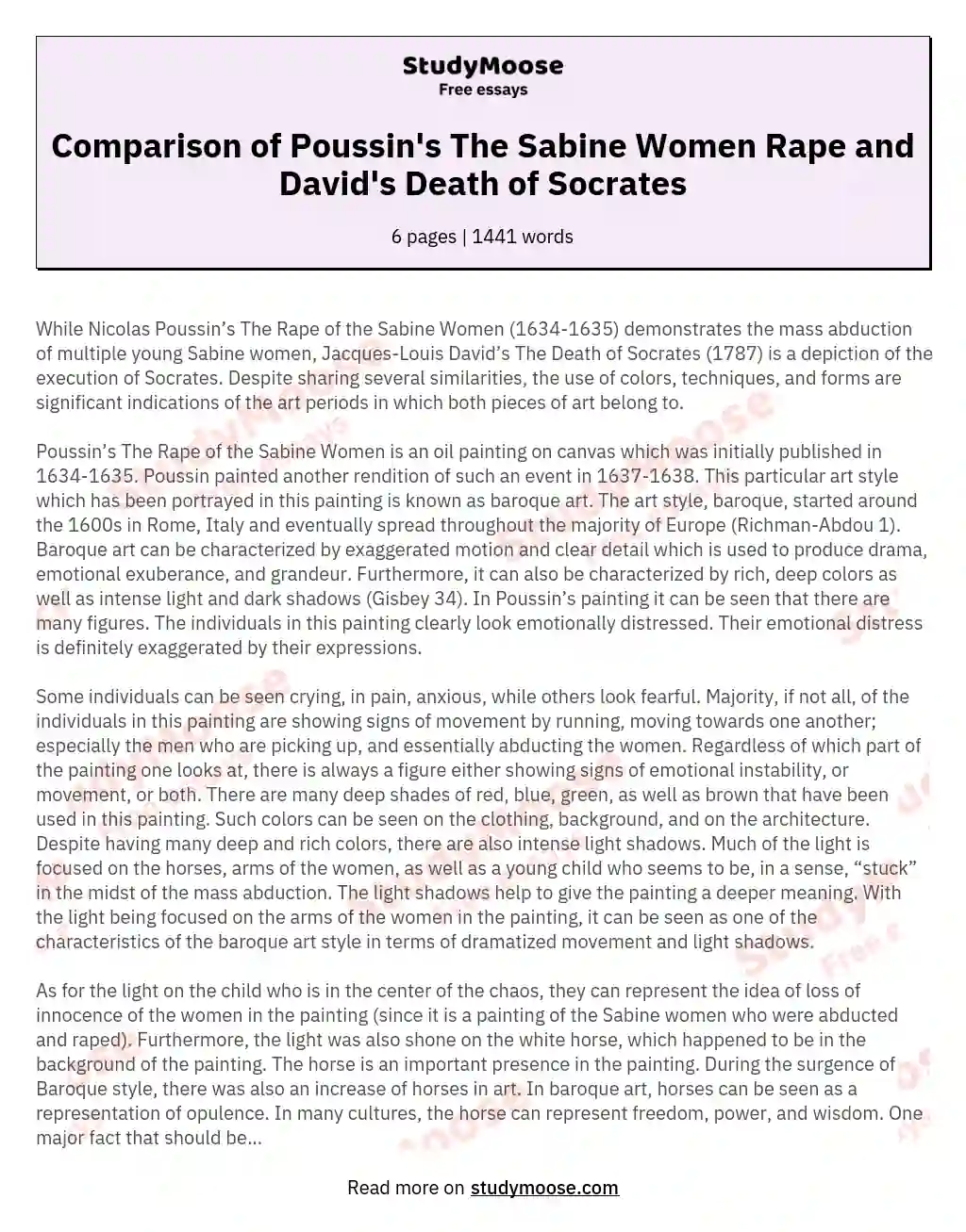 Comparison of Poussin's The Sabine Women Rape and David's Death of Socrates essay