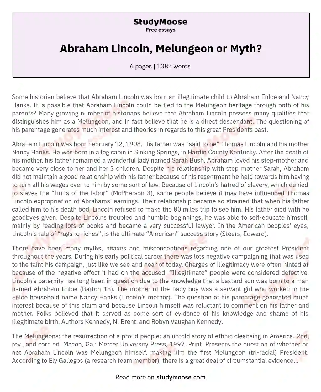 Abraham Lincoln, Melungeon or Myth? essay