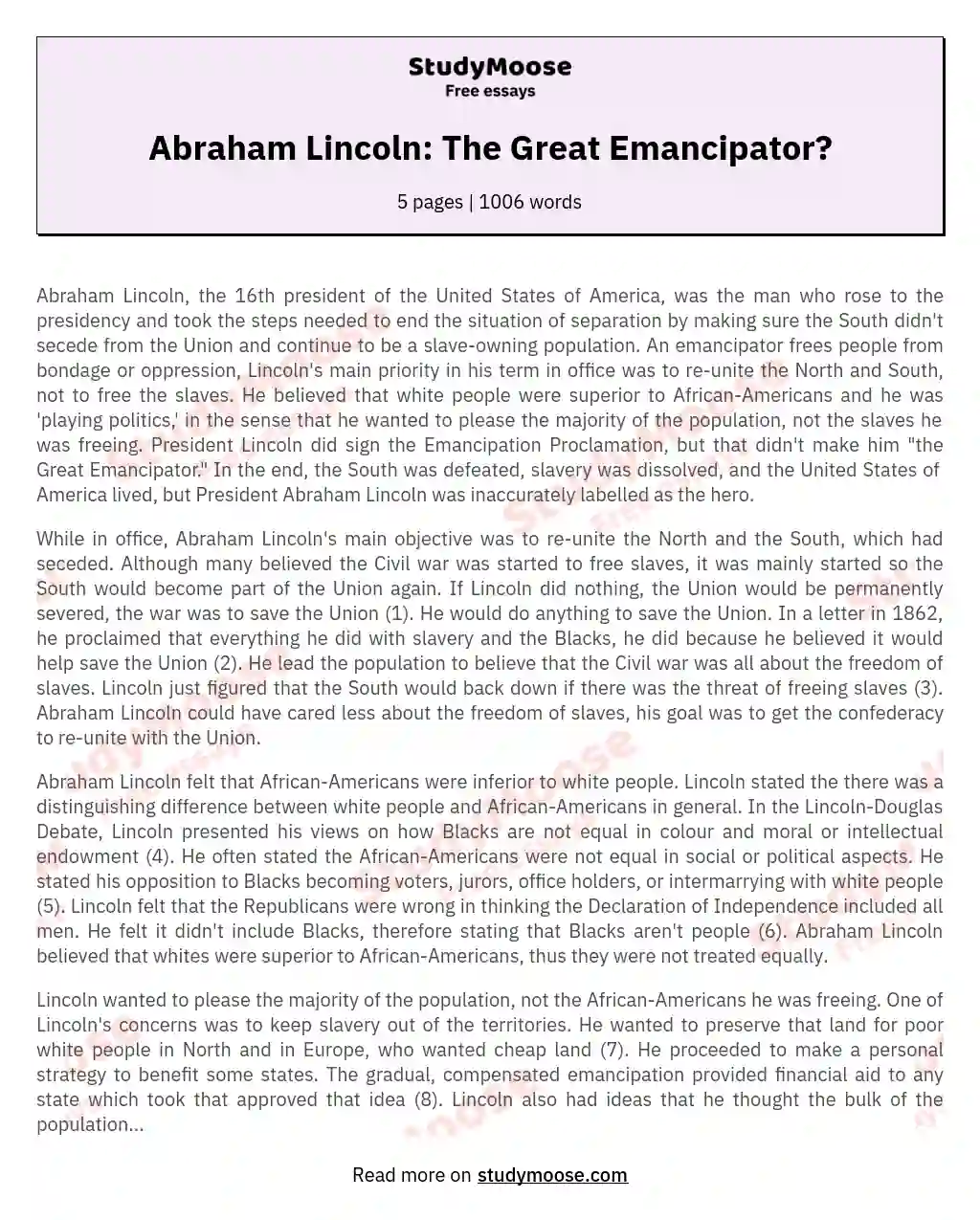 Abraham Lincoln: The Great Emancipator?