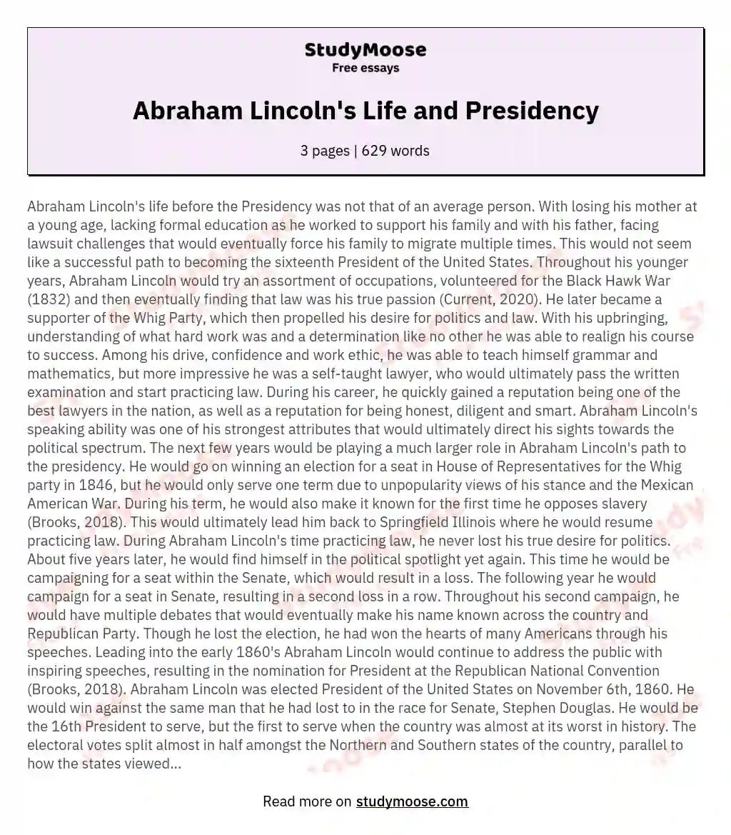 Abraham Lincoln's Life and Presidency essay