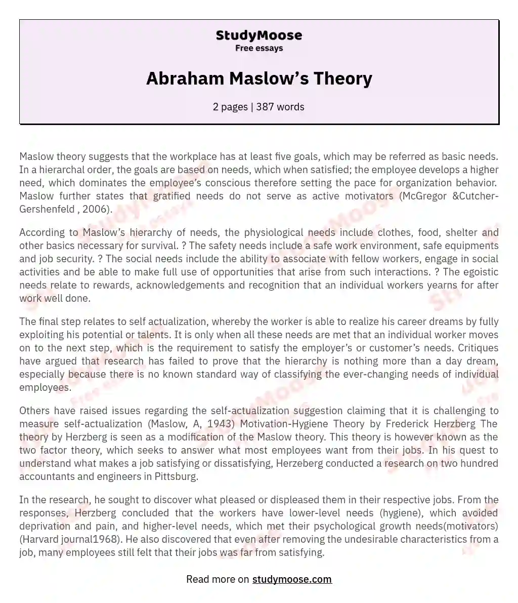 Abraham Maslow’s Theory essay