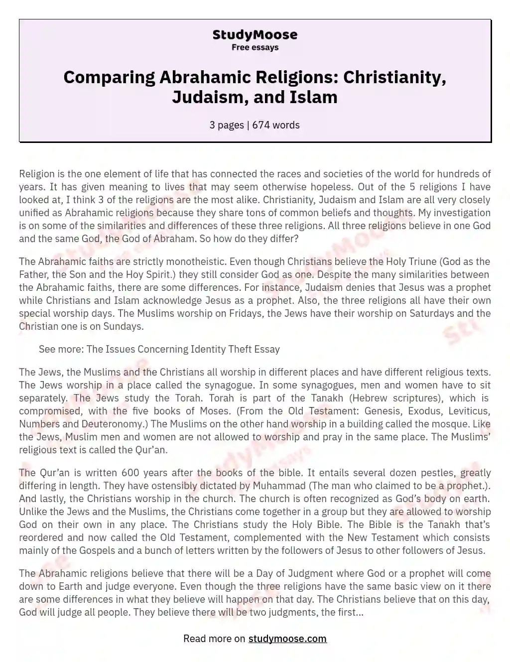 Comparing Abrahamic Religions: Christianity, Judaism, and Islam essay