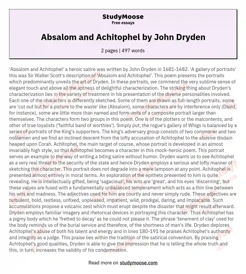 Absalom and Achitophel by John Dryden essay