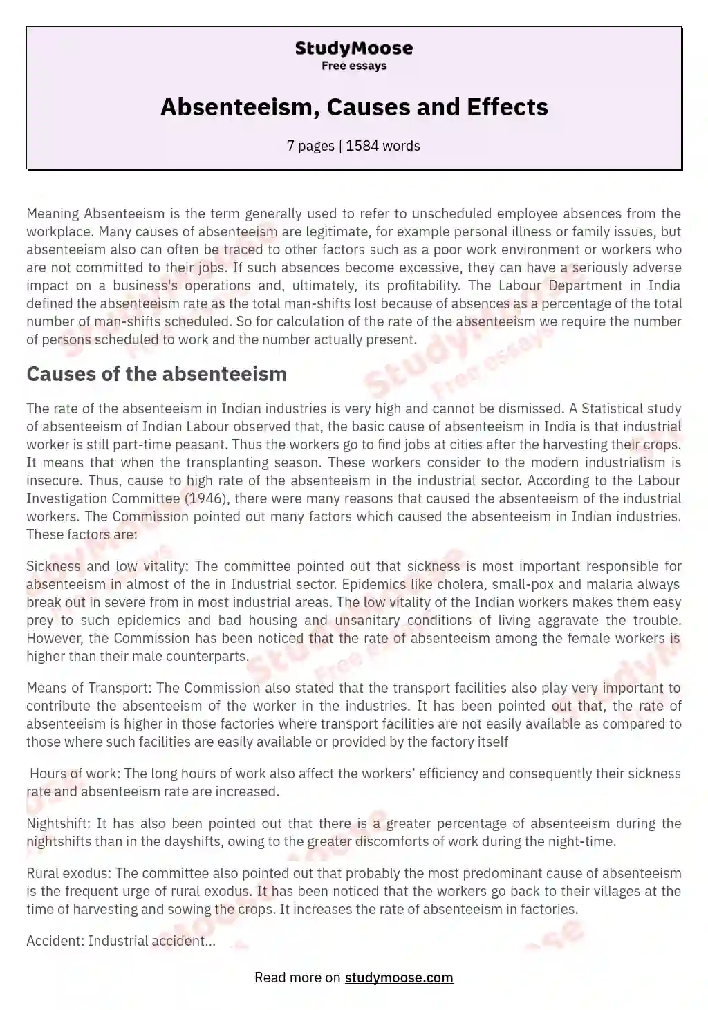Absenteeism, Causes and Effects essay