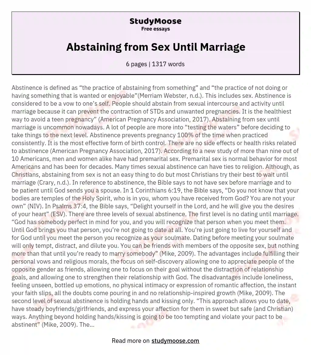 Abstaining from Sex Until Marriage essay