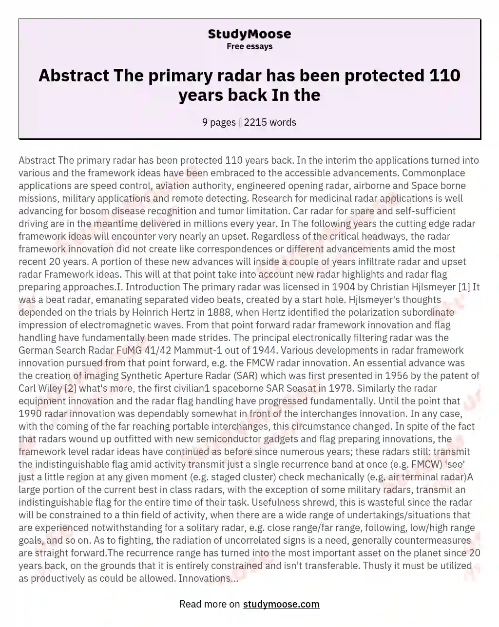 Abstract The primary radar has been protected 110 years back In the