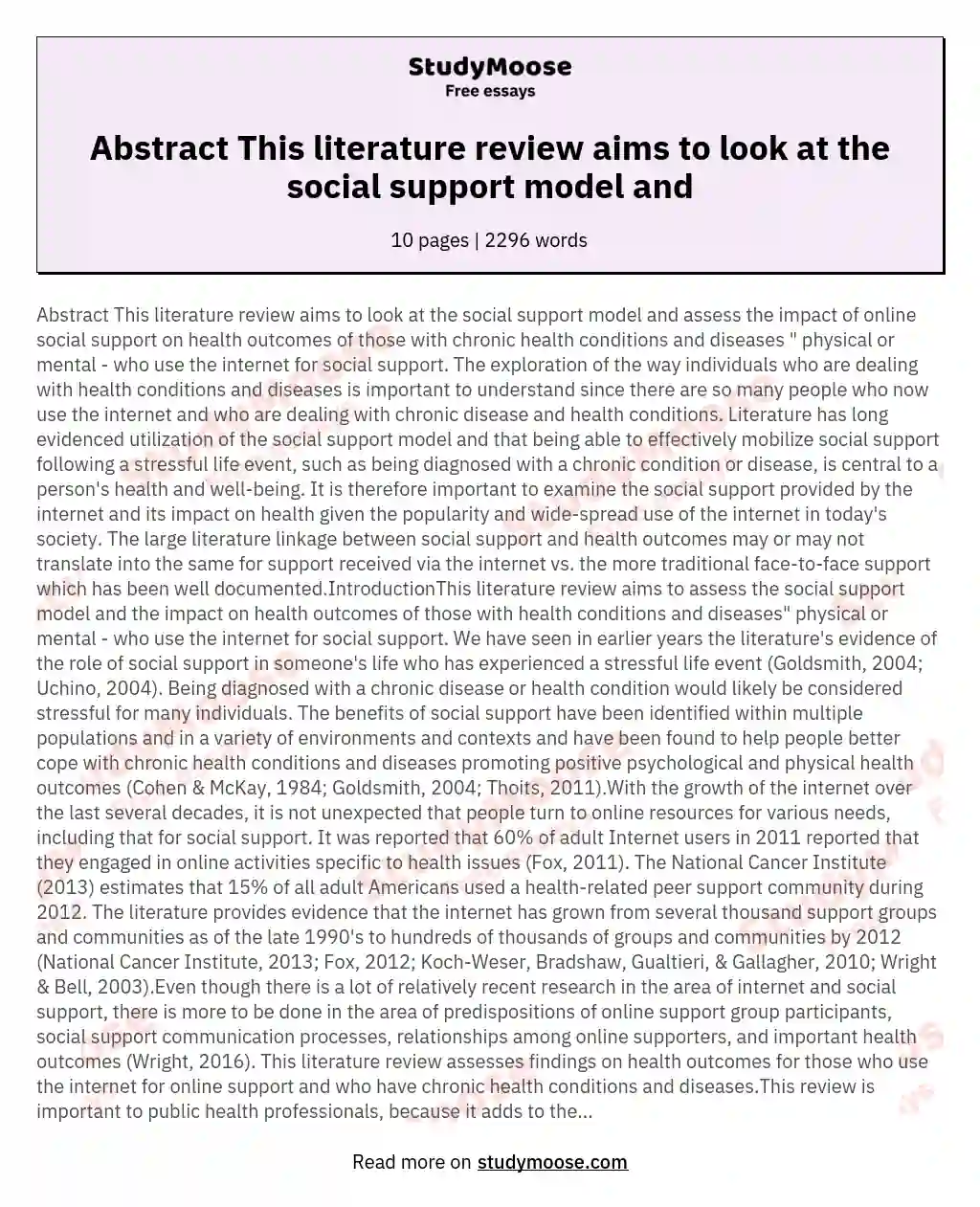 Abstract This literature review aims to look at the social support model and essay