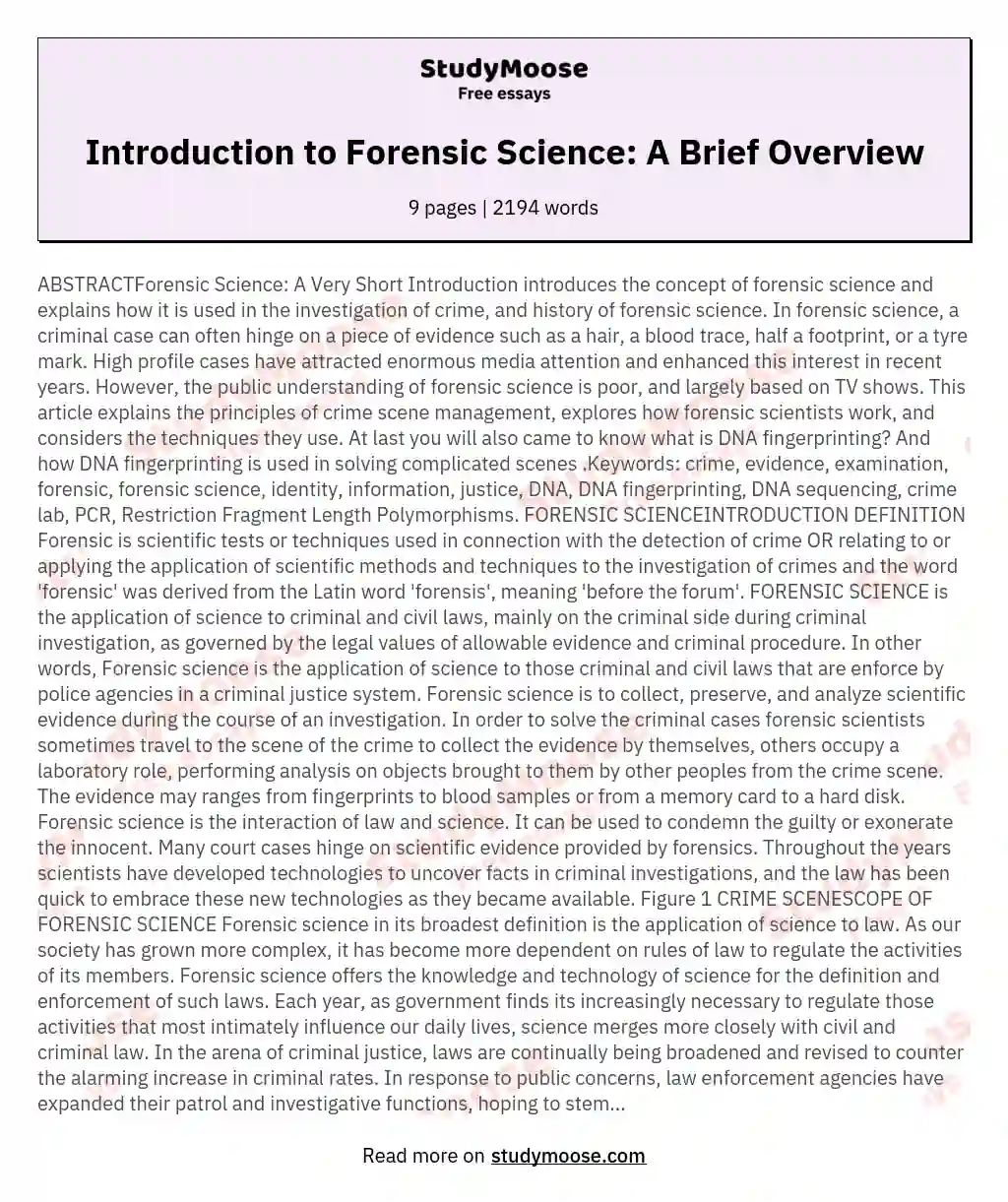 Introduction to Forensic Science: A Brief Overview essay