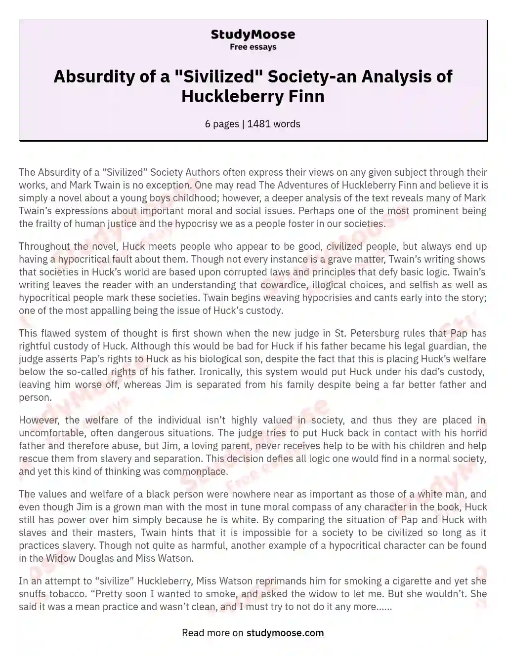 Absurdity of a "Sivilized" Society-an Analysis of Huckleberry Finn