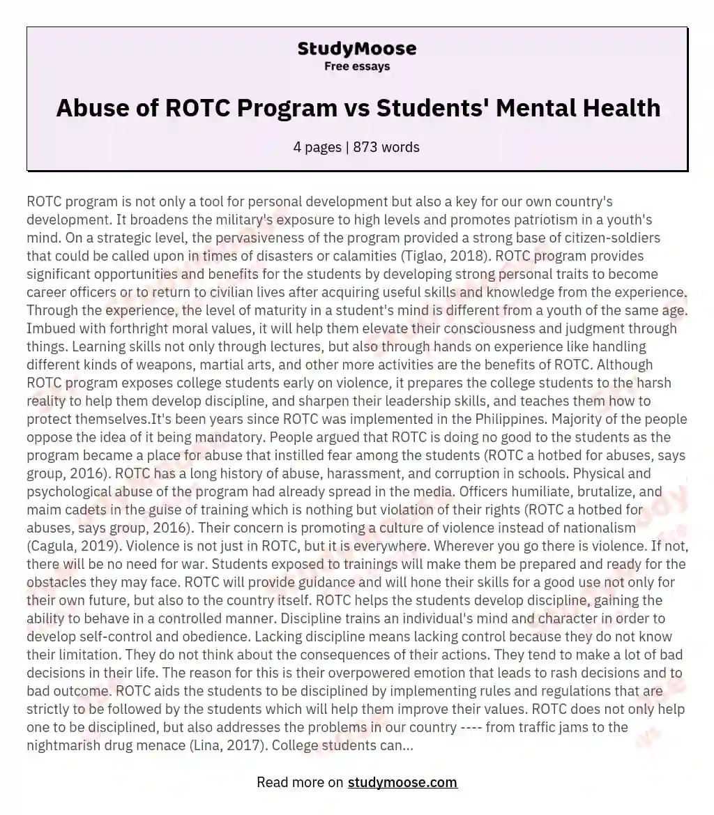 Abuse of ROTC Program vs Students' Mental Health essay