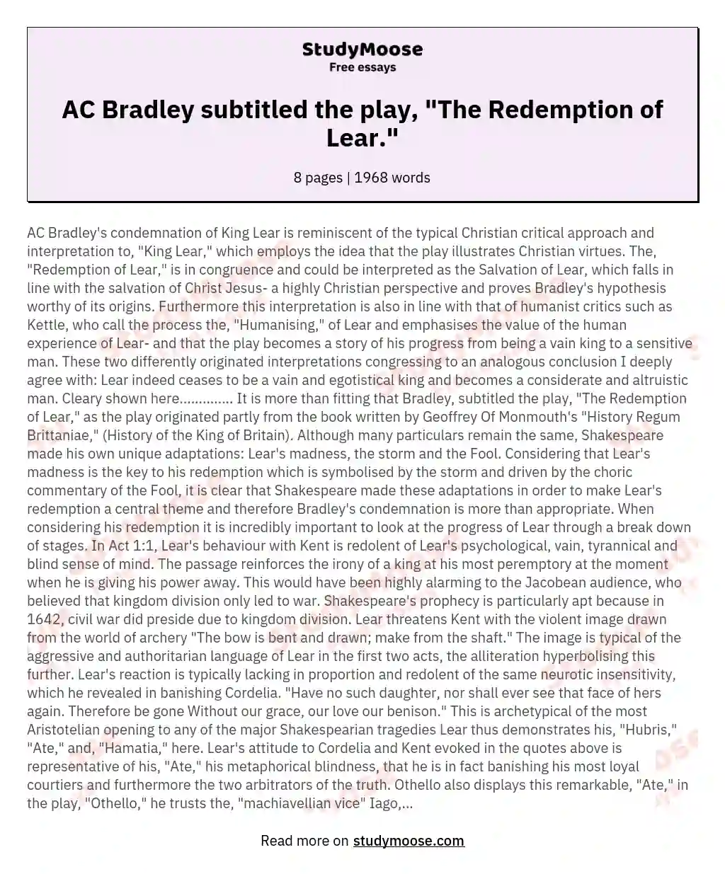AC Bradley subtitled the play, "The Redemption of Lear." essay