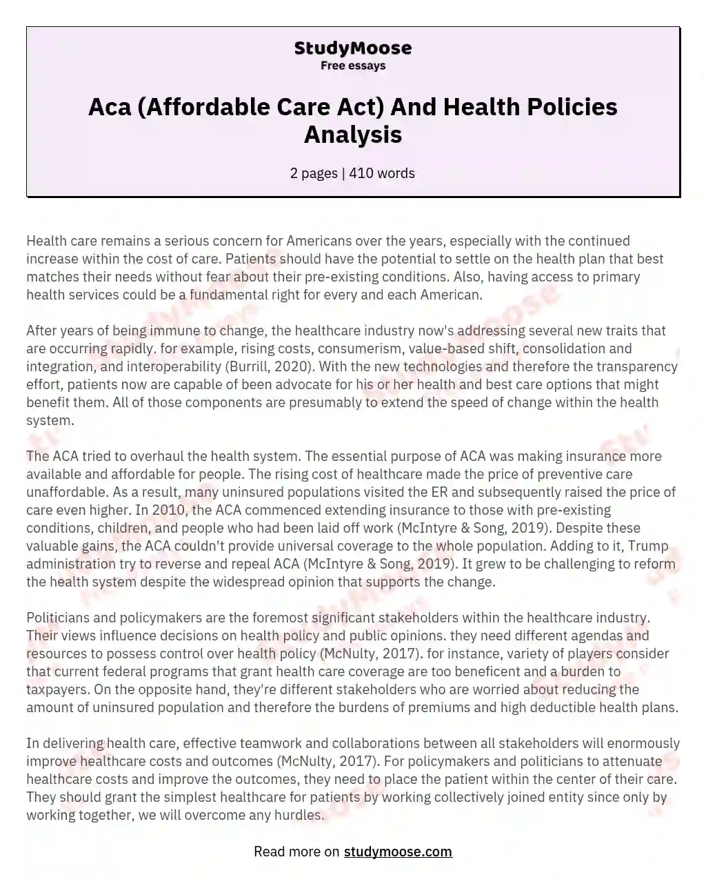 Aca (Affordable Care Act) And Health Policies Analysis essay