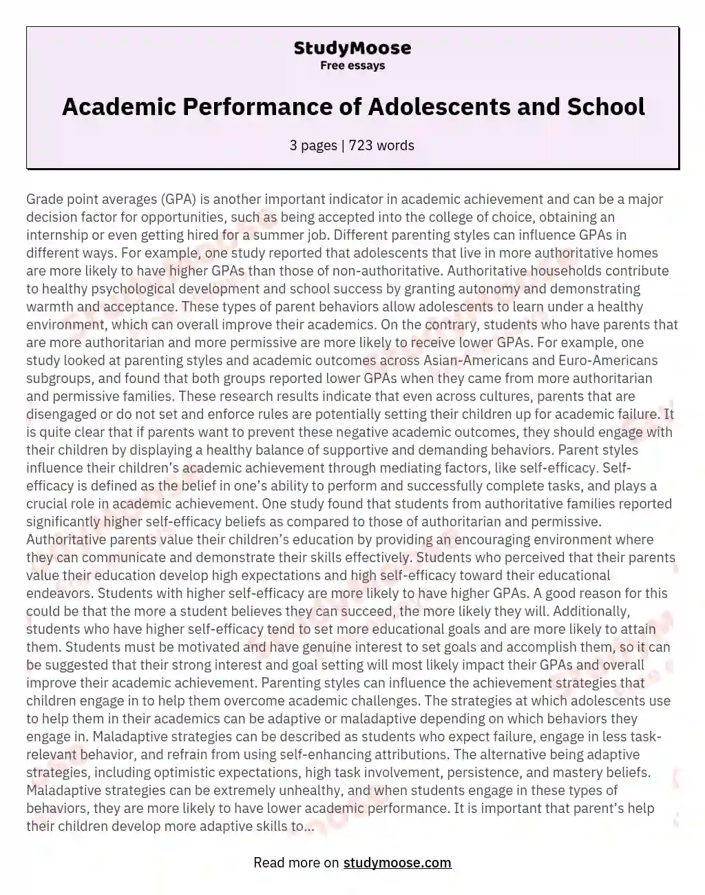 Academic Performance of Adolescents and School essay