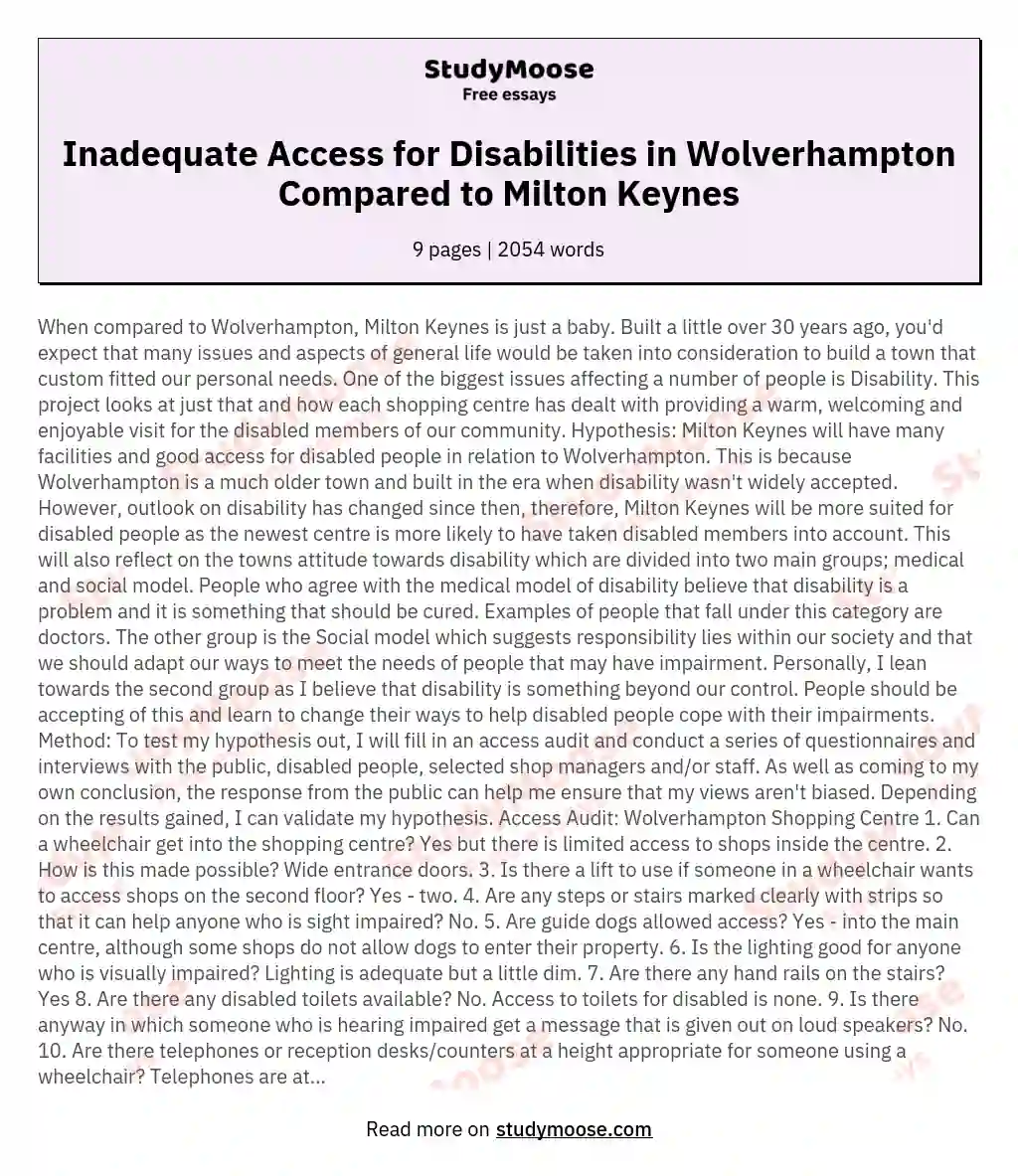Access Audit: the access for disabled people to Wolverhampton city centre is inadequate and unequal when comparing it to Milton Keynes