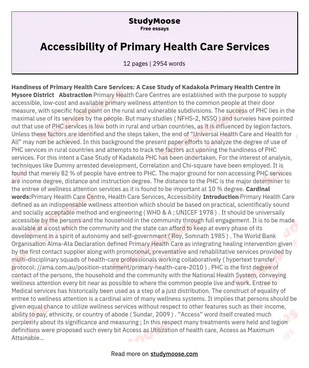Accessibility of Primary Health Care Services essay