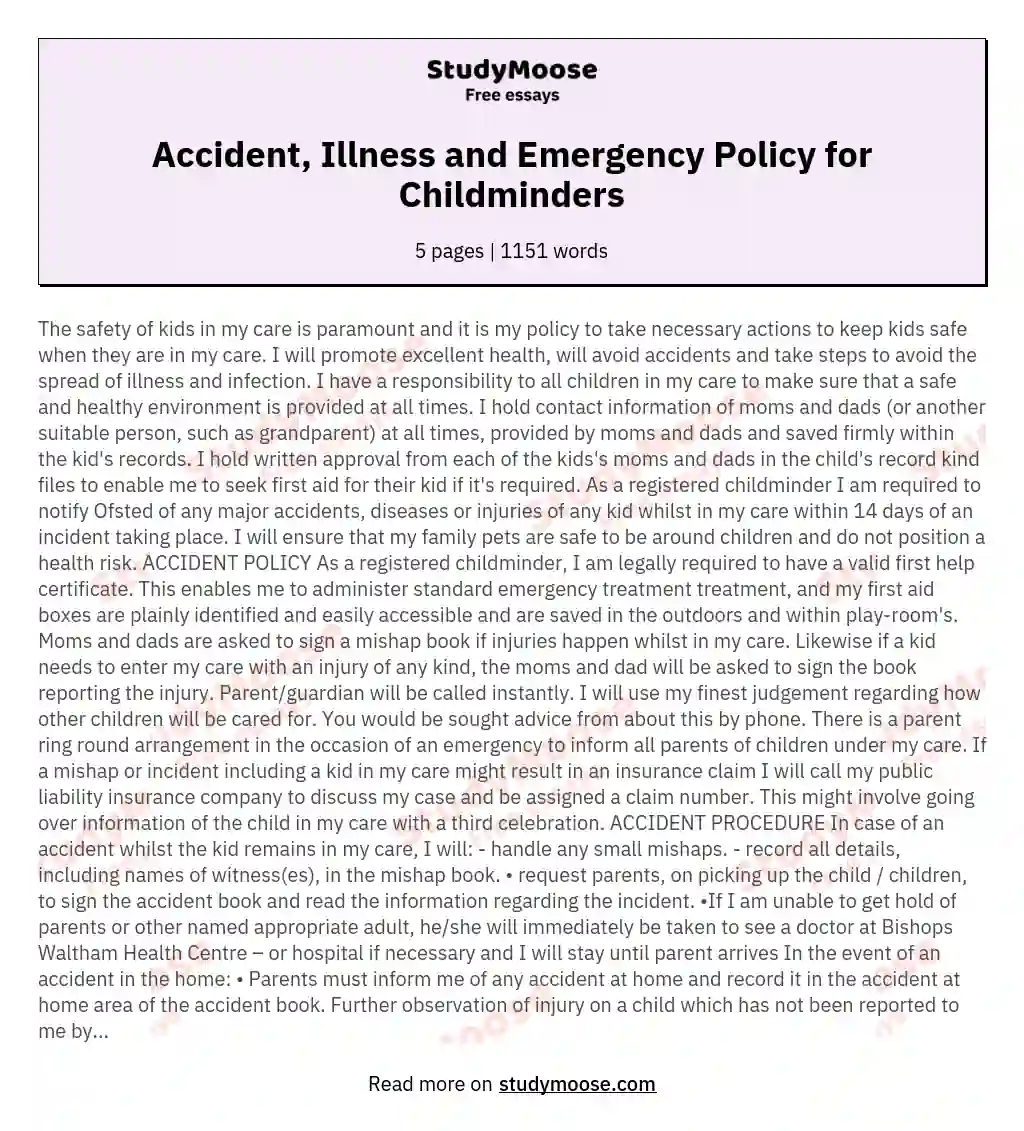 Accident, Illness and Emergency Policy for Childminders