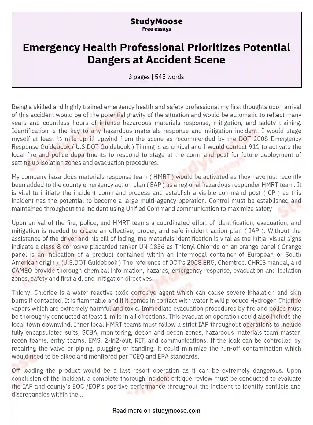 Emergency Health Professional Prioritizes Potential Dangers at Accident Scene essay