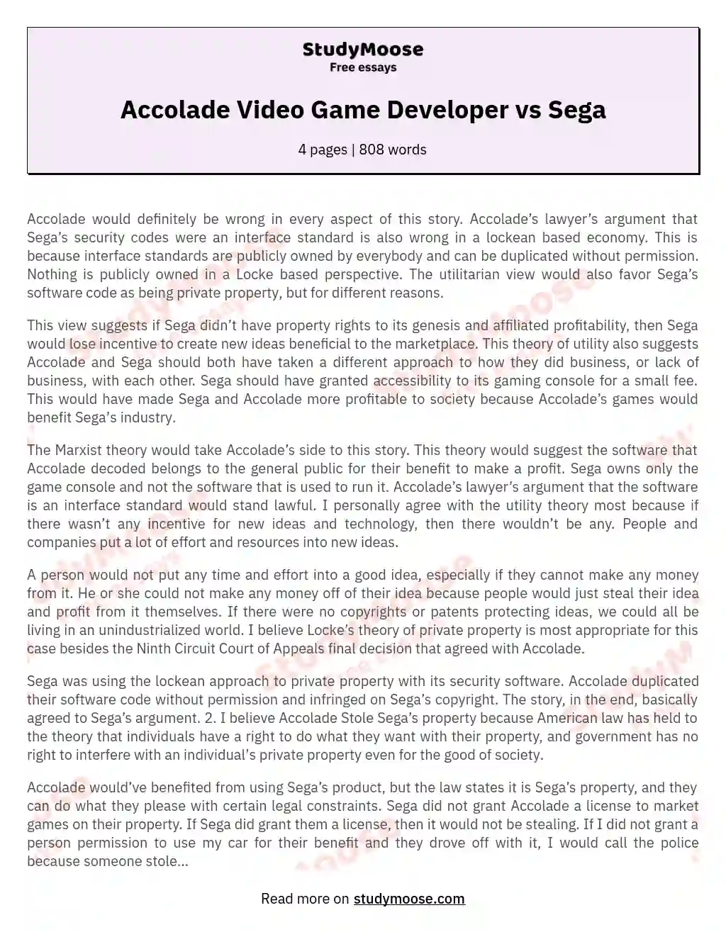 Accolade Video Game Developer vs Sega