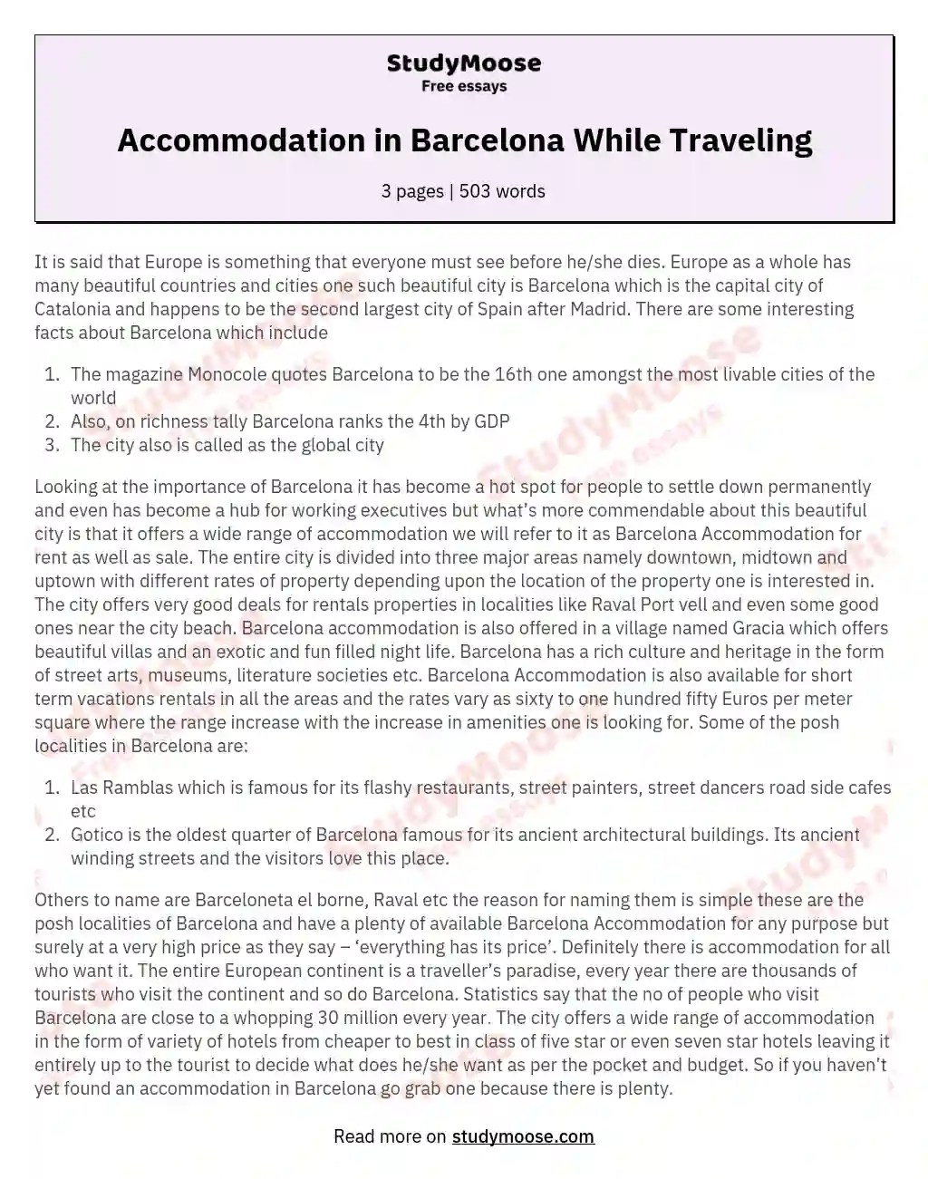Accommodation in Barcelona While Traveling essay